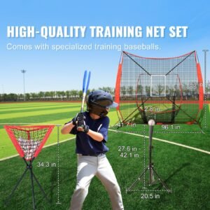 7x7 ft baseball softball practice net, portable baseball training net for hitting catching pitching, backstop equipment with bow frame, carry bag, strike zone, 12 balls, tee, and ball collector