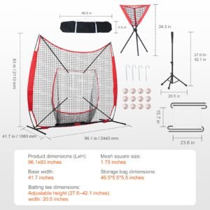7x7 ft baseball softball practice net, portable baseball training net for hitting catching pitching, backstop equipment with bow frame, carry bag, strike zone, 12 balls, tee, and ball collector