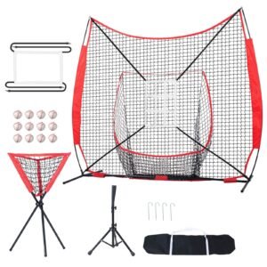 7x7 ft Baseball Softball Practice Net, Portable Baseball Training Net for Hitting Catching Pitching, Backstop Equipment with Bow Frame, Carry Bag, Strike Zone, 12 Balls, Tee, and Ball Collector