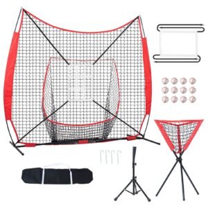 7x7 ft baseball softball practice net, portable baseball training net for hitting catching pitching, backstop equipment with bow frame, carry bag, strike zone, 12 balls, tee, and ball collector