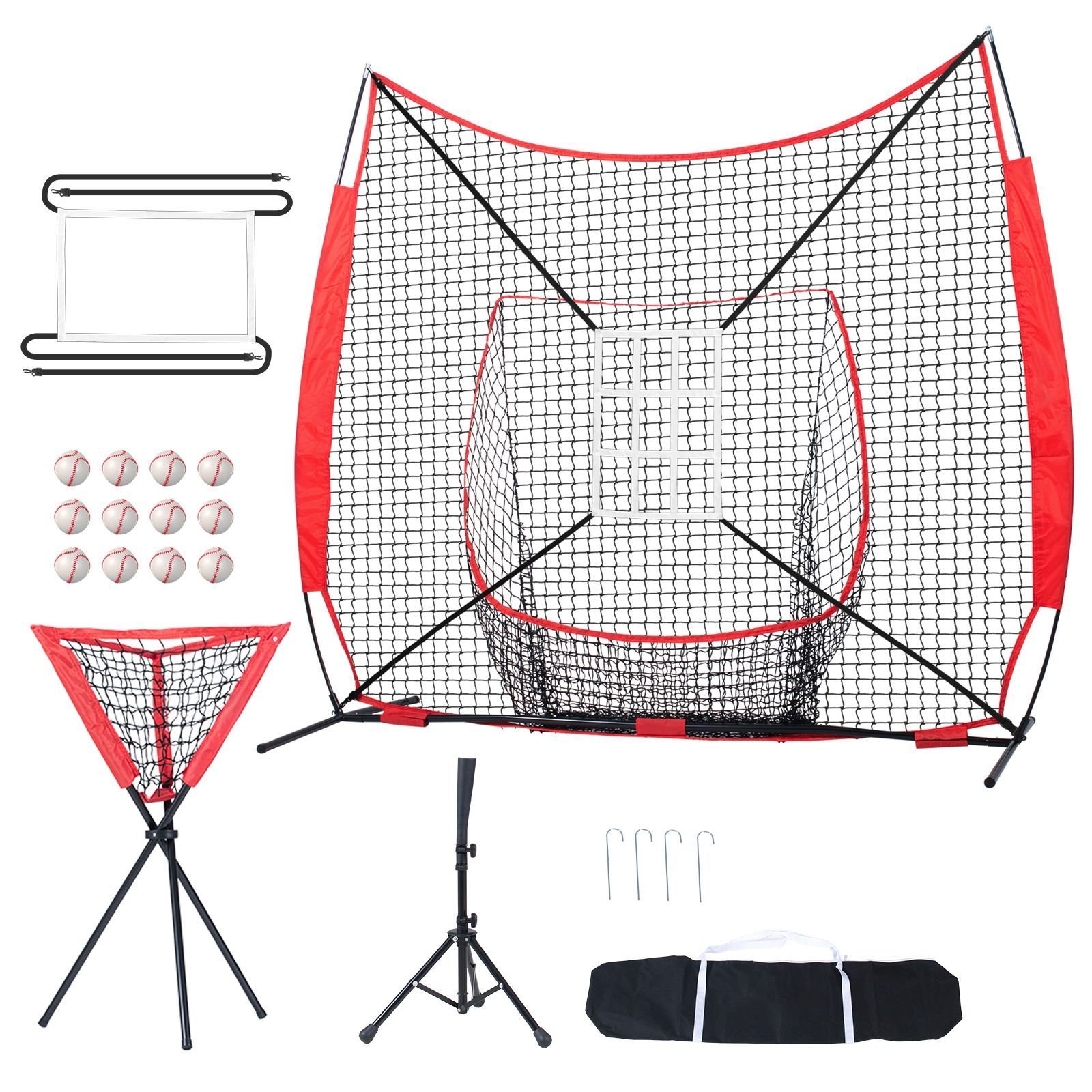 7x7 ft baseball softball practice net, portable baseball training net for hitting catching pitching, backstop equipment with bow frame, carry bag, strike zone, 12 balls, tee, and ball collector