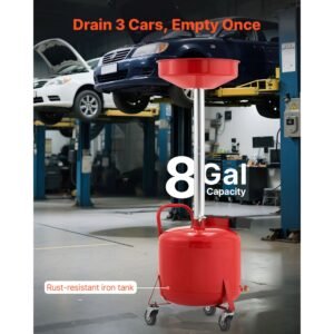 8 gallon waste oil drain tank, industrial fluid drain tank with adjustable funnel height, portable oil drainer with wheels & toolbox, fluid fuel transfer drainage for auto repair shops, red