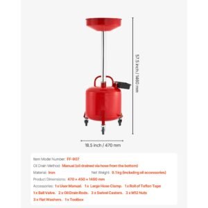 8 gallon waste oil drain tank, industrial fluid drain tank with adjustable funnel height, portable oil drainer with wheels & toolbox, fluid fuel transfer drainage for auto repair shops, red