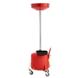 8 gallon waste oil drain tank, industrial fluid drain tank with adjustable funnel height, portable oil drainer with wheels & toolbox, fluid fuel transfer drainage for auto repair shops, red