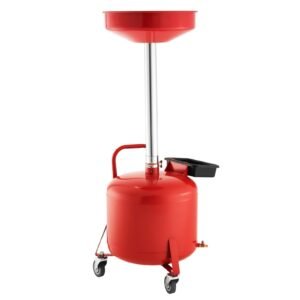 8 gallon waste oil drain tank, industrial fluid drain tank with adjustable funnel height, portable oil drainer with wheels & toolbox, fluid fuel transfer drainage for auto repair shops, red