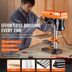 8 in benchtop drill press, 2.5a induction motor, tabletop drilling machine with 620 / 1140 / 1740 / 2340 / 3100 rpm adjustable speed, 0 45° tilting worktable, led work light, for wood metal
