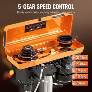 8 in benchtop drill press, 2.5a induction motor, tabletop drilling machine with 620 / 1140 / 1740 / 2340 / 3100 rpm adjustable speed, 0 45° tilting worktable, led work light, for wood metal