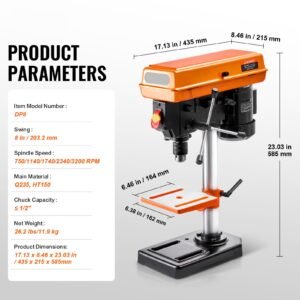 8 in benchtop drill press, 2.5a induction motor, tabletop drilling machine with 620 / 1140 / 1740 / 2340 / 3100 rpm adjustable speed, 0 45° tilting worktable, led work light, for wood metal