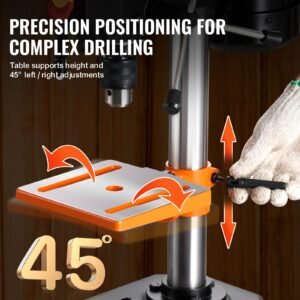 8 in benchtop drill press, 2.5a induction motor, tabletop drilling machine with 620 / 1140 / 1740 / 2340 / 3100 rpm adjustable speed, 0 45° tilting worktable, led work light, for wood metal