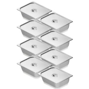 8 pack hotel pans, 1/2 size anti jam steam pan with lid, 0.8mm thick stainless steel steam table pan, 4 inch deep commercial table pan, catering storage food pan, for industrial & scientific