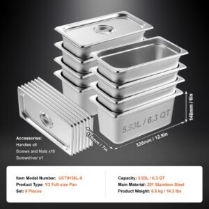 8 pack hotel pans, 1/3 size anti jam steam pan with lid, 0.8mm thick stainless steel steam table pan, 6 inch deep commercial table pan, catering storage food pan, for industrial & scientific