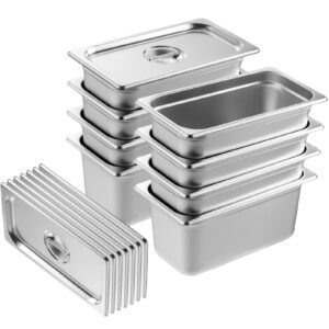 8 pack hotel pans, 1/3 size anti jam steam pan with lid, 0.8mm thick stainless steel steam table pan, 6 inch deep commercial table pan, catering storage food pan, for industrial & scientific