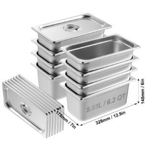 8 pack hotel pans, 1/3 size anti jam steam pan with lid, 0.8mm thick stainless steel steam table pan, 6 inch deep commercial table pan, catering storage food pan, for industrial & scientific