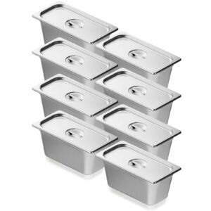 8 pack hotel pans, 1/3 size anti jam steam pan with lid, 0.8mm thick stainless steel steam table pan, 6 inch deep commercial table pan, catering storage food pan, for industrial & scientific