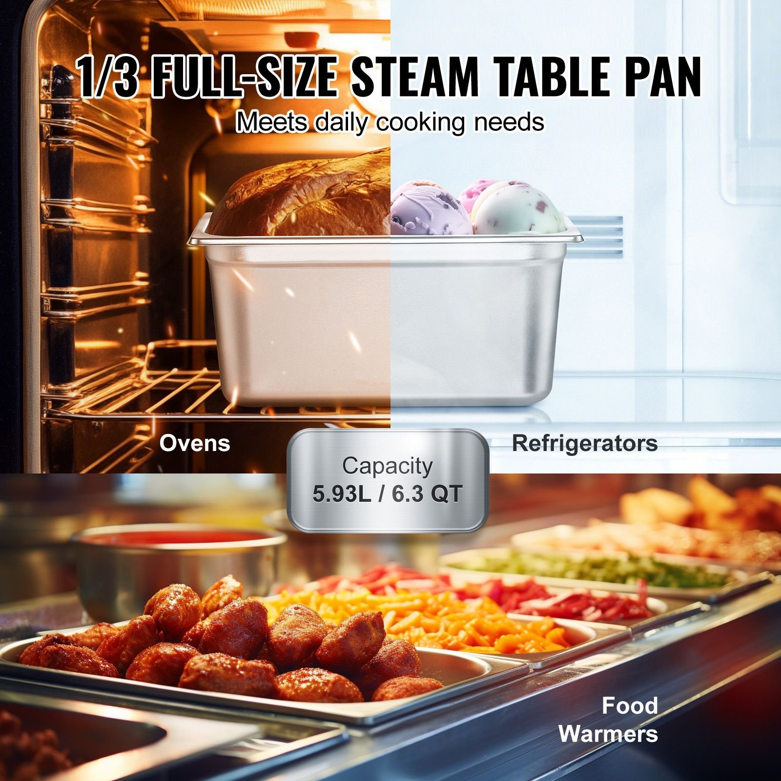 8 pack hotel pans, 1/3 size anti jam steam pan with lid, 0.8mm thick stainless steel steam table pan, 6 inch deep commercial table pan, catering storage food pan, for industrial & scientific