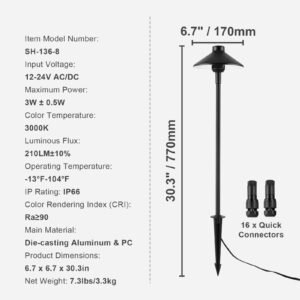 8 pack low voltage landscape path lights, 3w 210lm 12v 24vac/dc outdoor led pathway lighting, 3000k warm white walkway lights with quick connectors, ip66 waterproof for yard garden sidewalk