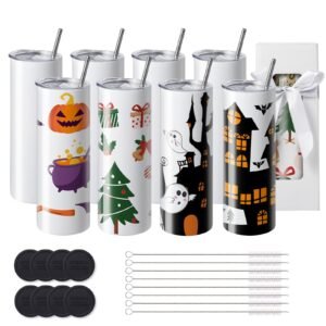 8 Pack Sublimation Tumblers 20 Oz Skinny Straight, Stainless Steel Sublimation Tumblers Blank, Stainless Steel Double Wall Tumbler for Heat Transfer Customized Gifts with Lid and Straw, Gift Box