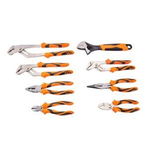 8 piece pliers set, high carbon steel, 12"/10"/8" groove joint pliers, 8" linesman's pliers, 6" slip joint pliers, 8" long nose pliers, 6" diagonal cutter, 10" adjustable wrench, and tool bag