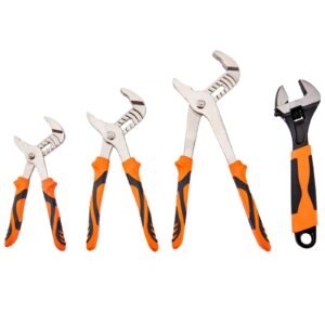 8 piece pliers set, high carbon steel, 12"/10"/8" groove joint pliers, 8" linesman's pliers, 6" slip joint pliers, 8" long nose pliers, 6" diagonal cutter, 10" adjustable wrench, and tool bag