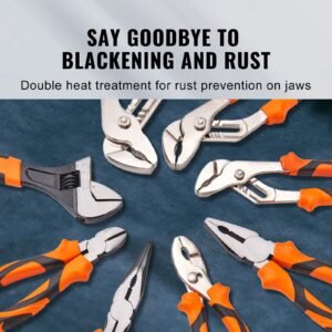 8 piece pliers set, high carbon steel, 12"/10"/8" groove joint pliers, 8" linesman's pliers, 6" slip joint pliers, 8" long nose pliers, 6" diagonal cutter, 10" adjustable wrench, and tool bag