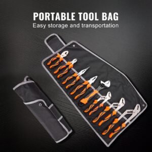 8 piece pliers set, high carbon steel, 12"/10"/8" groove joint pliers, 8" linesman's pliers, 6" slip joint pliers, 8" long nose pliers, 6" diagonal cutter, 10" adjustable wrench, and tool bag