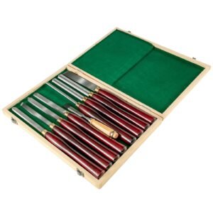 8 piece wood lathe chisel kit, hss steel blades, woodworking turning tools with wooden storage case, ideal for wood, root, and furniture carving red