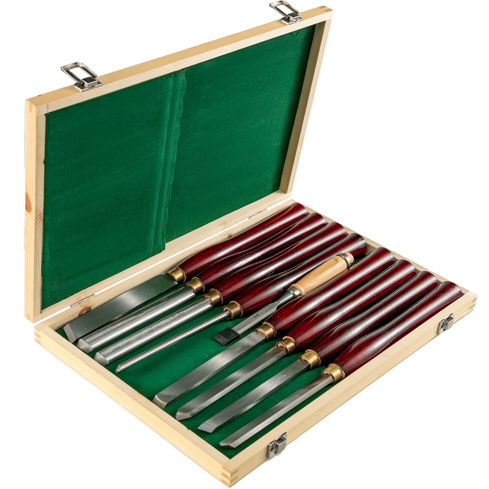 8 piece wood lathe chisel kit, hss steel blades, woodworking turning tools with wooden storage case, ideal for wood, root, and furniture carving red