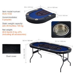8 player foldable poker table, blackjack texas holdem poker table with padded rails and stainless steel cup holders, portable folding card board game table, 72" oval casino leisure table, blue