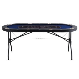 8 player foldable poker table, blackjack texas holdem poker table with padded rails and stainless steel cup holders, portable folding card board game table, 72" oval casino leisure table, blue