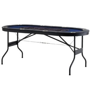 8 Player Foldable Poker Table, Blackjack Texas Holdem Poker Table with Padded Rails and Stainless Steel Cup Holders, Portable Folding Card Board Game Table, 72" Oval Casino Leisure Table, Blue