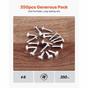 #8 self drilling wood screws, 3/4 inch long 350 pcs truss head wood screws, phillips drive quick metal self tapping screw, stainless steel and full thread, screwdriver bit included, silver