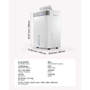 80 pints dehumidifier for home & basement, drain hose for commercial & industrial use, smart humidity control, low noise for large rooms, warehouses, bedrooms & storage, large coverage,white