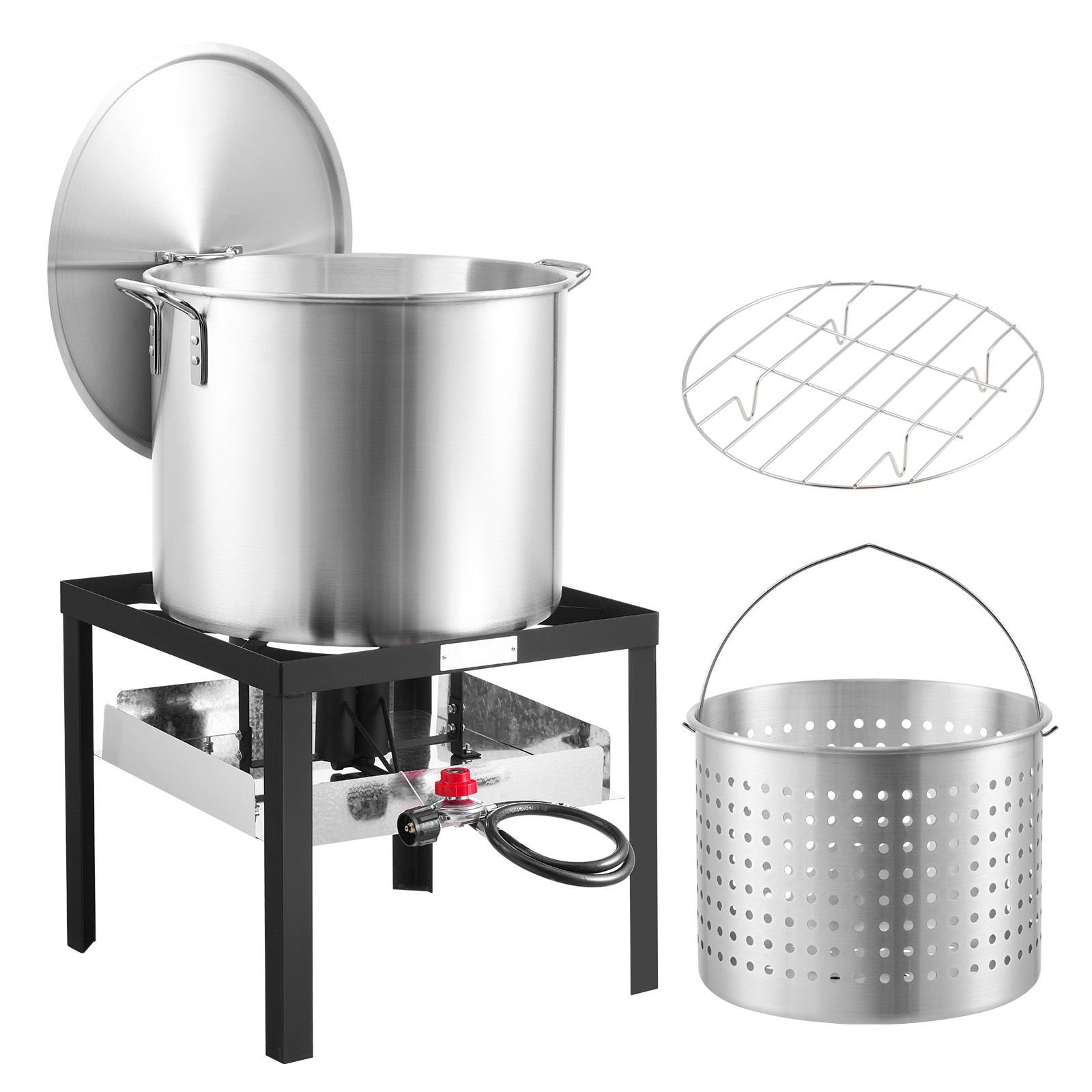80 qt seafood boiling kit with strainer, outdoor seafood boil pot and basket, cooking set for crab crawfish lobster boiling, aluminum stockpot with 100,000 btus propane burner and steamer rack