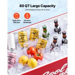 80 quart rolling ice chest, holds up to 50 bottles / 110 cans, portable patio party bar drink cooler cart with 4 swivel casters (2 with brakes), beverage cooler trolley with bottle opener, red