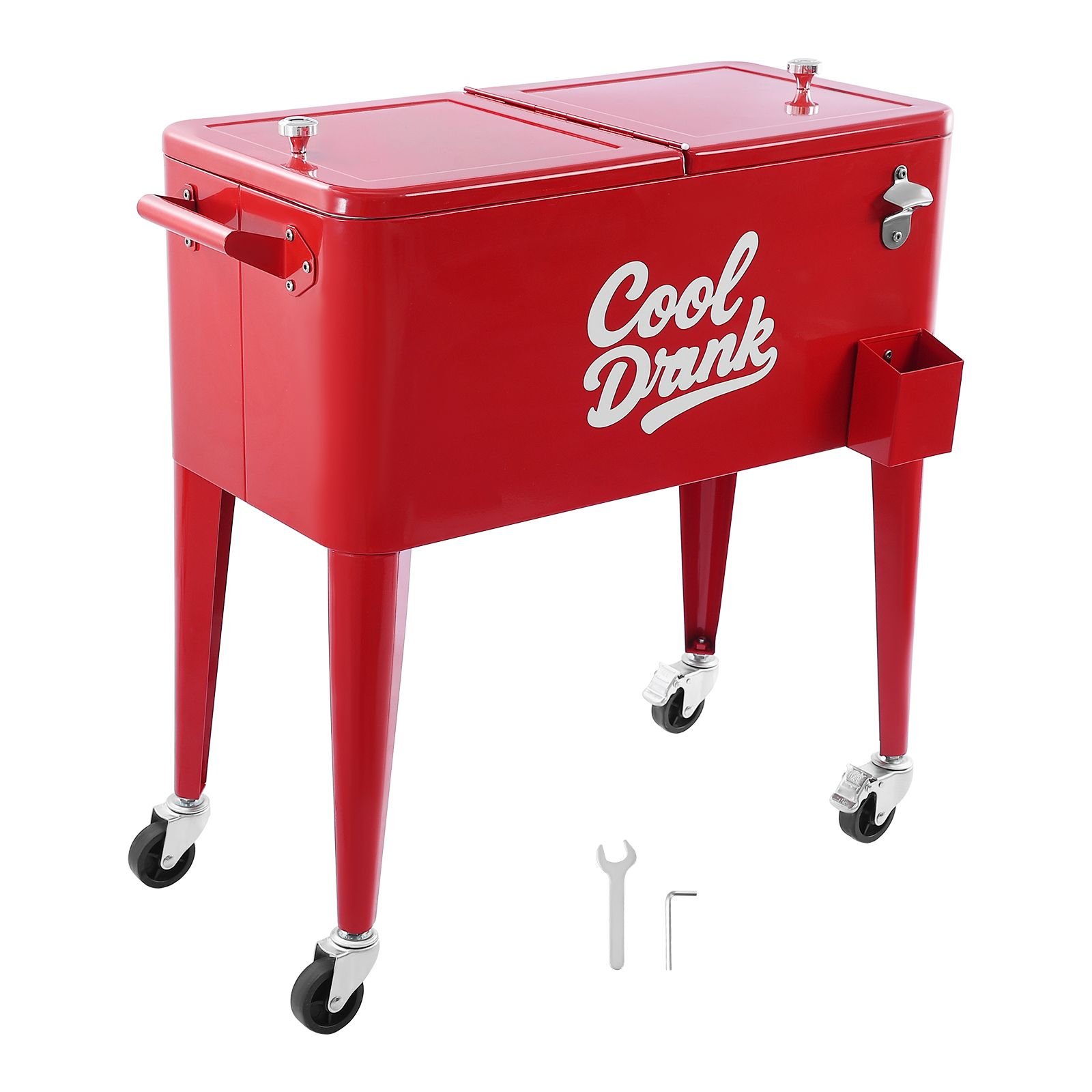 80 quart rolling ice chest, holds up to 50 bottles / 110 cans, portable patio party bar drink cooler cart with 4 swivel casters (2 with brakes), beverage cooler trolley with bottle opener, red