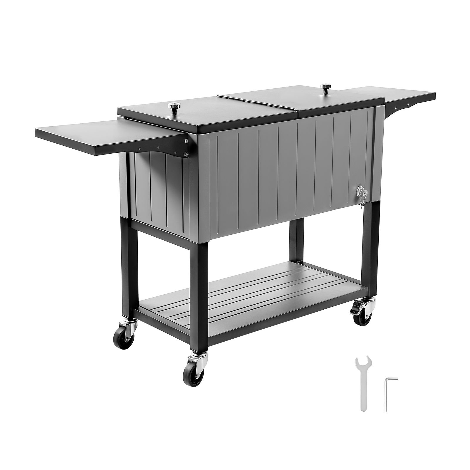 80qt rolling ice chest, holds up to 50 bottles / 110 cans, portable patio party bar drink cooler cart with bottom shelf & foldable side shelves, beverage pool with swivel wheels & bottle opener