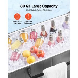 80qt rolling ice chest, holds up to 50 bottles / 110 cans, portable patio party bar drink cooler cart with bottom shelf & foldable side shelves, beverage pool with swivel wheels & bottle opener