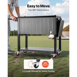 80qt rolling ice chest, holds up to 50 bottles / 110 cans, portable patio party bar drink cooler cart with bottom shelf & foldable side shelves, beverage pool with swivel wheels & bottle opener