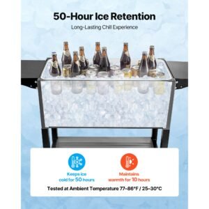 80qt rolling ice chest, holds up to 50 bottles / 110 cans, portable patio party bar drink cooler cart with bottom shelf & foldable side shelves, beverage pool with swivel wheels & bottle opener