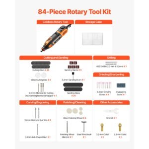 84 piece rotary tool kit, 200w mini power rotary tool corded , 6 level speed 8000 40000 rpm multi purpose diy tools for engraving, sanding, polishing, carving, grinding, cutting, diy crafts