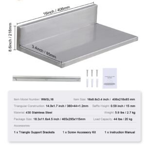 8.6" x 16" stainless steel shelf, wall mounted floating shelving with backsplash, 44 lbs load capacity commercial shelves, heavy duty storage rack for restaurant, kitchen, bar, home, and hotel