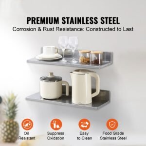 8.6" x 24" stainless steel shelf, wall mounted floating shelving with backsplash, 44 lbs load capacity commercial shelves, heavy duty storage rack for restaurant, kitchen, bar, home, and hotel