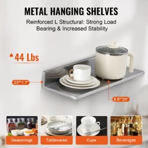 8.6" x 24" stainless steel shelf, wall mounted floating shelving with backsplash, 44 lbs load capacity commercial shelves, heavy duty storage rack for restaurant, kitchen, bar, home, and hotel