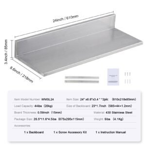 8.6" x 24" stainless steel shelf, wall mounted floating shelving with backsplash, 44 lbs load capacity commercial shelves, heavy duty storage rack for restaurant, kitchen, bar, home, and hotel