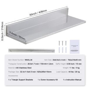 8.6" x 30" stainless steel shelf, wall mounted floating shelving with backsplash, 44 lbs load capacity commercial shelves, heavy duty storage rack for restaurant, kitchen, bar, home, and hotel
