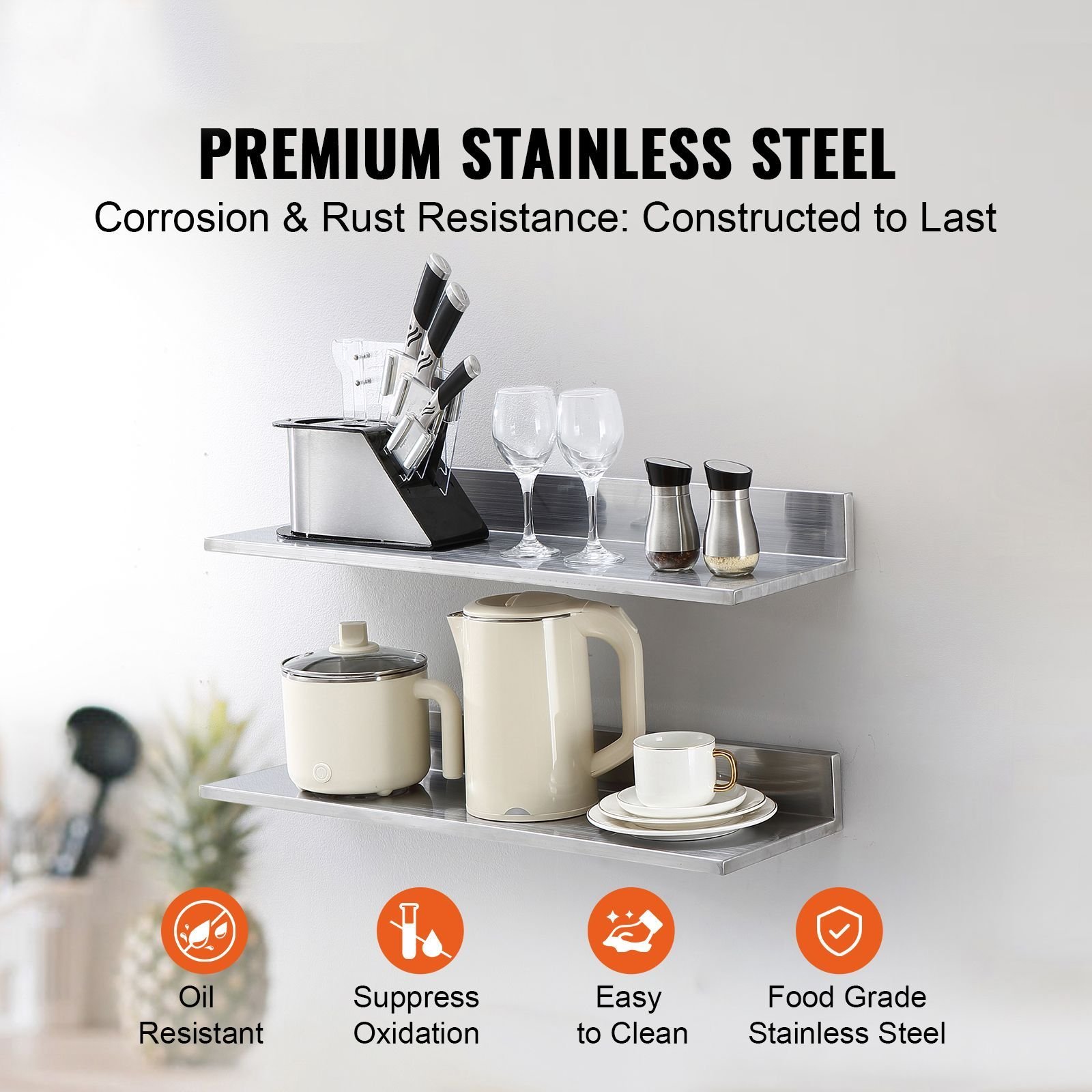 8.6" x 30" stainless steel shelf, wall mounted floating shelving with backsplash, 44 lbs load capacity commercial shelves, heavy duty storage rack for restaurant, kitchen, bar, home, and hotel