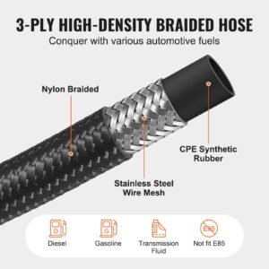 8an fuel line kit, 20 ft fuel hose kit, 0.43" nylon stainless steel braided fuel line oil/gas/diesel hose end fitting kit, with 12 pcs swivel fitting adapter kit, black