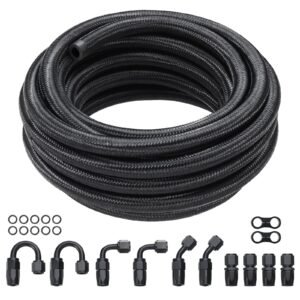 8AN Fuel Line Kit, 20 FT Fuel Hose Kit, 0.43" Nylon Stainless Steel Braided Fuel Line Oil/Gas/Diesel Hose End Fitting Kit, with 12 PCS Swivel Fitting Adapter Kit, Black