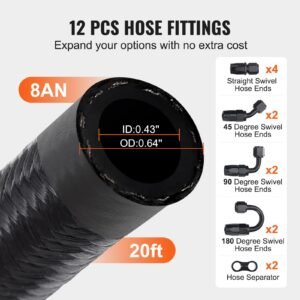 8an fuel line kit, 20 ft fuel hose kit, 0.43" nylon stainless steel braided fuel line oil/gas/diesel hose end fitting kit, with 12 pcs swivel fitting adapter kit, black