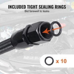 8an fuel line kit, 20 ft fuel hose kit, 0.43" nylon stainless steel braided fuel line oil/gas/diesel hose end fitting kit, with 12 pcs swivel fitting adapter kit, black